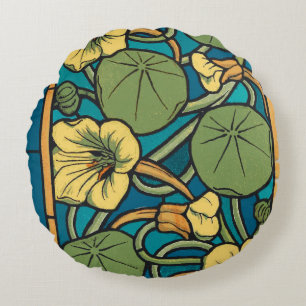 Blue Yellow Nasturtium Flower Nouveau Pattern Round Cushion