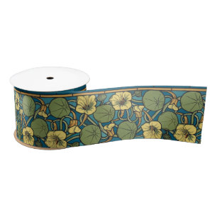 Blue Yellow Nasturtium Flower Nouveau Pattern Satin Ribbon