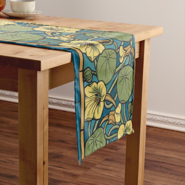 Blue Yellow Nasturtium Flower Nouveau Pattern Short Table Runner (In Situ)