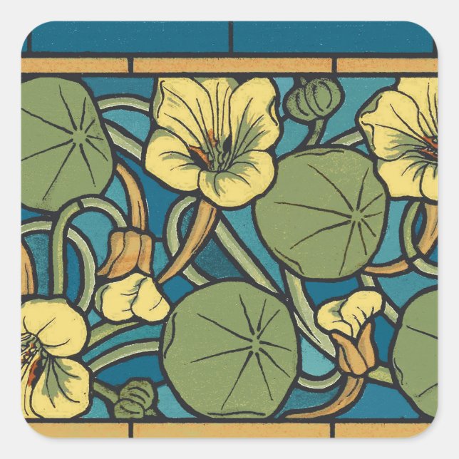 Blue Yellow Nasturtium Flower Nouveau Pattern Square Sticker (Front)