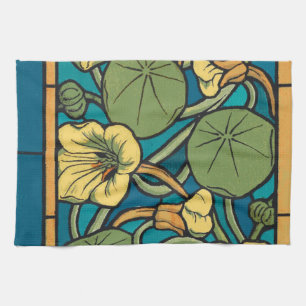 Blue Yellow Nasturtium Flower Nouveau Pattern Tea Towel
