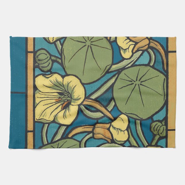 Blue Yellow Nasturtium Flower Nouveau Pattern Tea Towel (Horizontal)