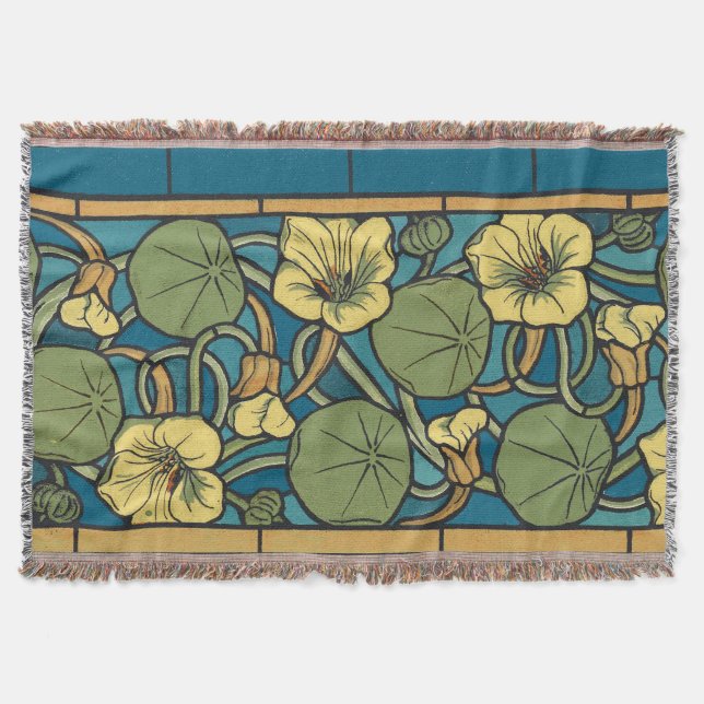 Blue Yellow Nasturtium Flower Nouveau Pattern Throw Blanket (Front)