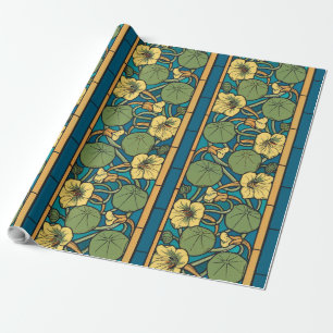 Blue Yellow Nasturtium Flower Nouveau Pattern Wrapping Paper