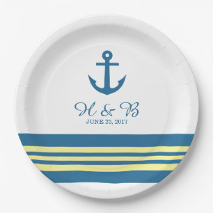 Blue Yellow Nautical Anchor Wedding Paper Plates