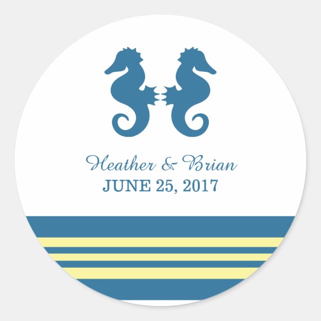 Blue Yellow Nautical Seahorse Wedding Stickers (Front)