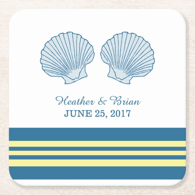 Blue Yellow Nautical Seashells Paper Coasters (Front)