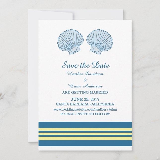 Blue Yellow Nautical Seashells Save the Date Invitation (Front)