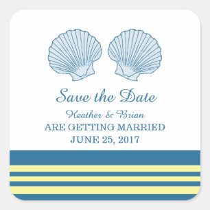 Blue Yellow Nautical Seashells Save the Date Square Sticker