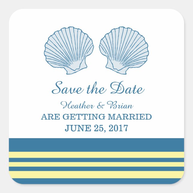 Blue Yellow Nautical Seashells Save the Date Square Sticker (Front)
