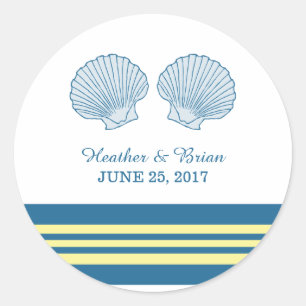 Blue Yellow Nautical Seashells Wedding Stickers