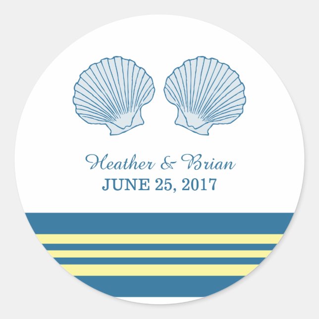Blue Yellow Nautical Seashells Wedding Stickers (Front)