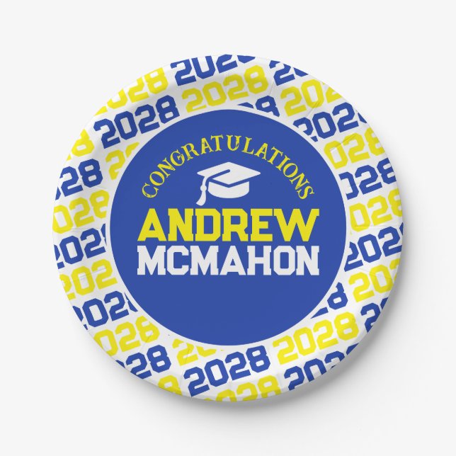Blue & Yellow on White Graduation Personalised Paper Plate (Front)