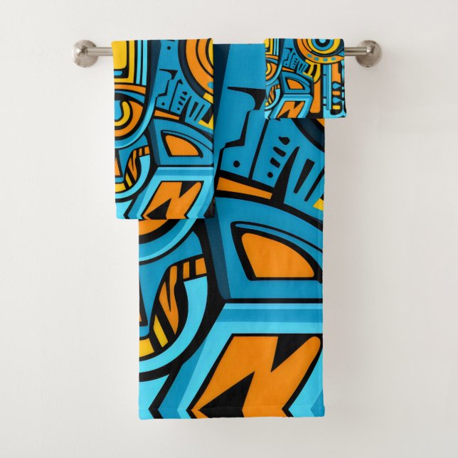 Blue yellow orange mirror doodles bath towel set (Insitu)