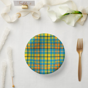 Blue Yellow Orange Plaid Tartan Design Paper Plate
