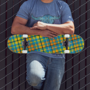 Blue Yellow Orange Plaid Tartan Design Skateboard