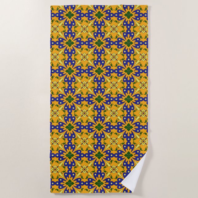 Blue Yellow Orange Talavera Tile Pattern Beach Towel (Front)