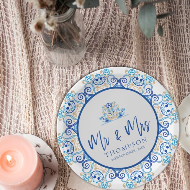 Blue Yellow Ornamental Mr Mrs Name Wedding Party Paper Plate (Blue Yellow Ornamental Mr Mrs Name Wedding Party Paper Plates)