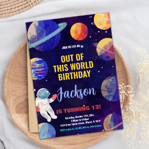 Blue Yellow Outer Space Birthday Invitations