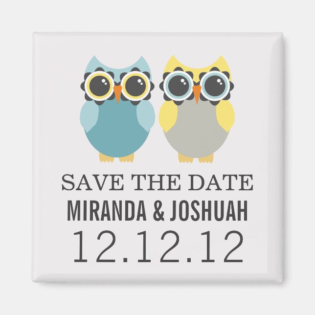 Blue & Yellow Owl Design Save The Date Magnets (Front)