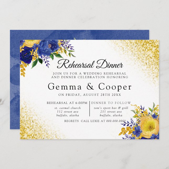 Blue Yellow Painted Floral Gold Rehearsal Dinner Invitation (Front/Back)