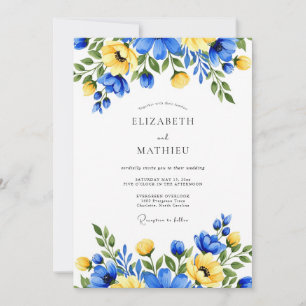 Blue Yellow Painterly Floral Wedding Invitation