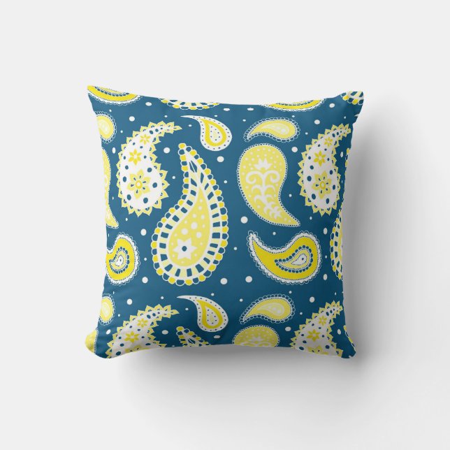 Blue Yellow Paisley Pattern Decorative Pillow (Front)