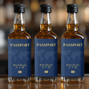 Blue & Yellow Passport Destination Wedding Liquor Bottle Label