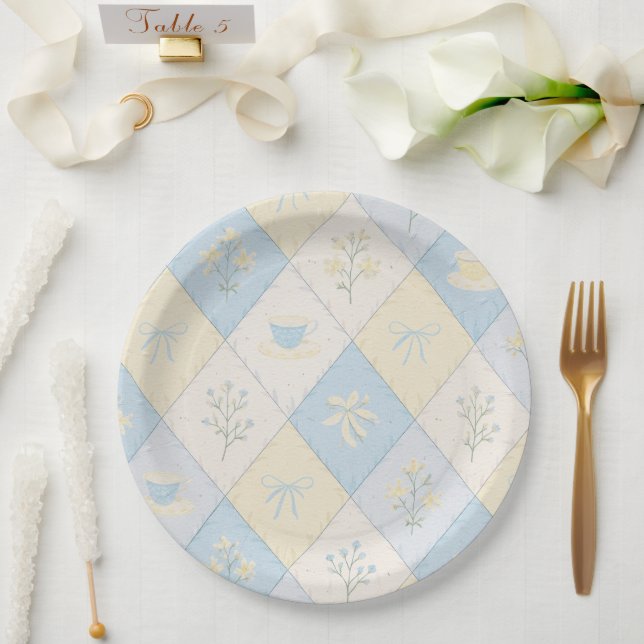 Blue & Yellow Patchwork Pattern Cute  Baby Shower Paper Plate (Wedding)