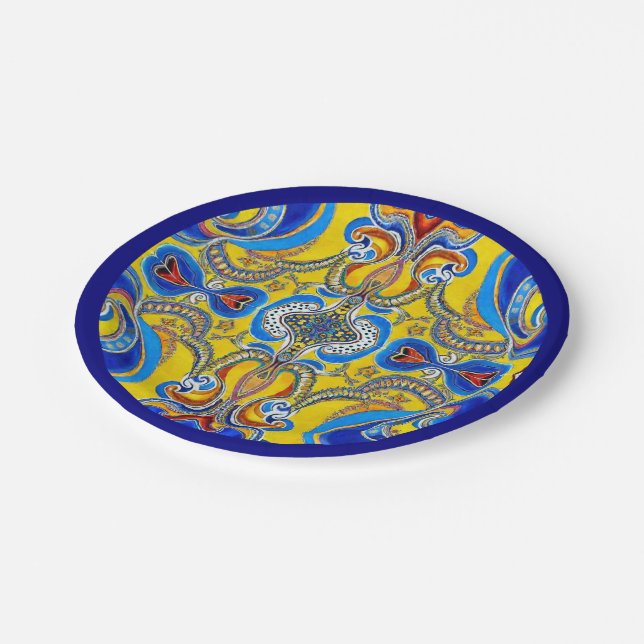 Blue yellow pattern blue edge artsy bold paper plate (Angled)