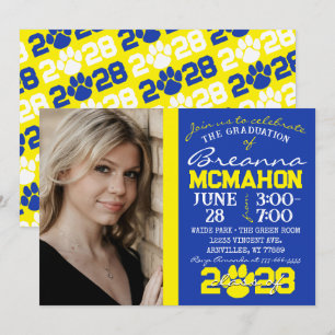 Blue & Yellow Pawprint Graduation Photo Invitation
