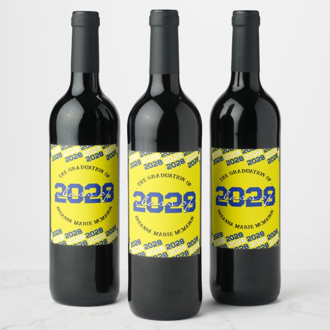 Blue & Yellow Personalised Graduation Liquor  Wine Label (Bottles)