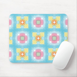 Blue yellow pink 60s 70s floral checkered pattern mouse pad