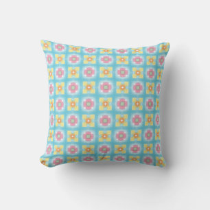 Blue yellow pink 60s 70s floral chequered pattern cushion