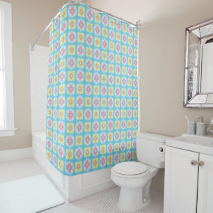 Blue yellow pink 60s 70s floral chequered pattern shower curtain