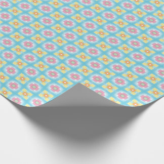 Blue yellow pink 60s 70s floral chequered pattern wrapping paper