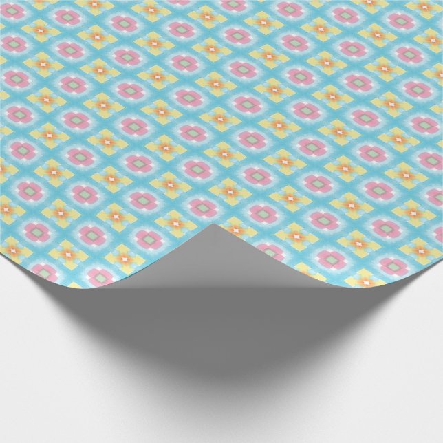 Blue yellow pink 60s 70s floral chequered pattern wrapping paper (Corner)