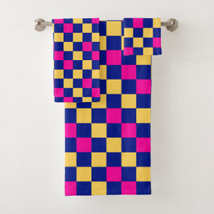 Blue Yellow Pink Chequered Pattern Design Bath Towel Set