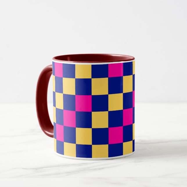 Blue Yellow Pink Chequered Pattern Design  Mug (Front Left)