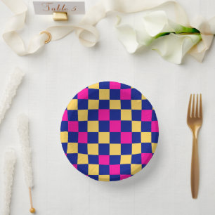Blue Yellow Pink Chequered Pattern Design Paper Plate