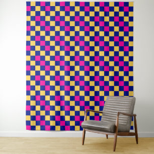Blue Yellow Pink Chequered Pattern Design Tapestry