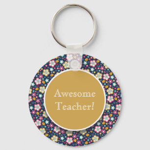 Blue Yellow Pink Floral Awesome Teacher Key Ring