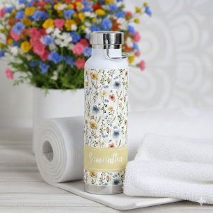 Blue Yellow Pink Floral Name Monogram Wildflower Water Bottle