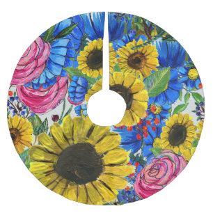 Blue Yellow Pink Floral Seamless Brushed Polyester Tree Skirt