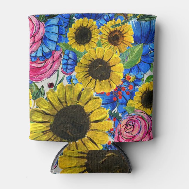 Blue Yellow Pink Floral Seamless Can Cooler (Front)