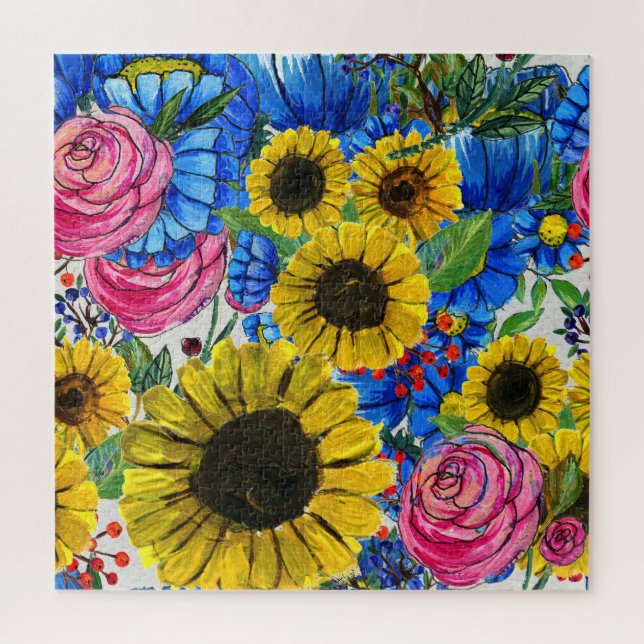 Blue Yellow Pink Floral Seamless Jigsaw Puzzle (Vertical)