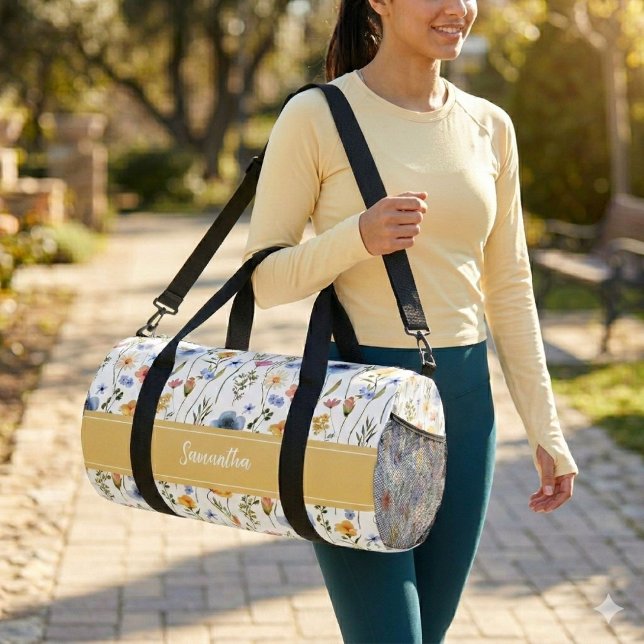 Blue Yellow Pink Watercolor Wildflower Monogram Duffle Bag (Creator Uploaded)