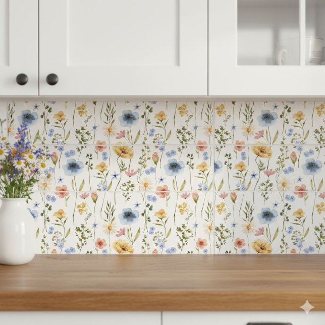 Blue Yellow Pink Wildflower Watercolor Ceramic Tile (Creator Uploaded)