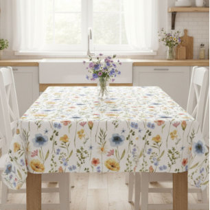 Blue Yellow Pink Wildflower Watercolor Tablecloth