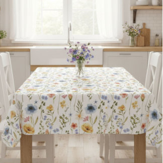 Blue Yellow Pink Wildflower Watercolor Tablecloth